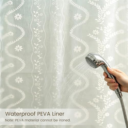 Olive Green Floral Linen Shower Curtain Set with Liner,72" Wx72 L | Double Layer Shower Curtain Waterproof Fabric with Zippered Removable PEVA Liner,Boho Shower Curtain for Bathroom,Free Hooks - color: Green Floral