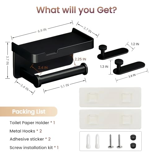 Adhesive Toilet Paper Holder and 2 Metal Hooks Combo - Rustproof Aluminum with Extra Adhesive Pads for Easy Replacement of Positions,Matte Black Toilet Paper Holder with Shelf(Wall Mount)
