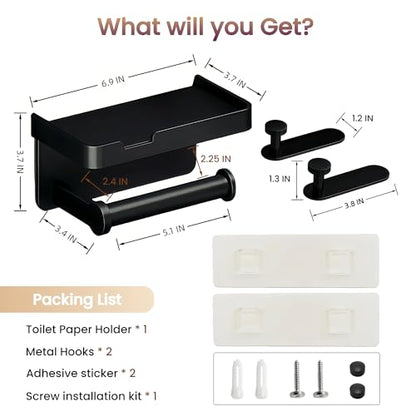 Adhesive Toilet Paper Holder and 2 Metal Hooks Combo - Rustproof Aluminum with Extra Adhesive Pads for Easy Replacement of Positions,Matte Black Toilet Paper Holder with Shelf(Wall Mount)