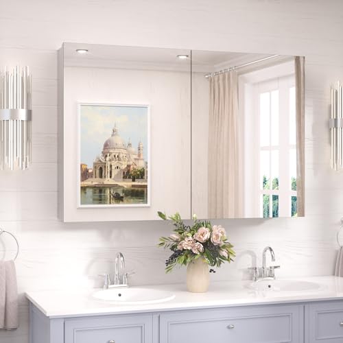 TokeShimi 40 x 26 Farmhouse Medicine Cabinet Recessed or Surface Mount Aluminum, Mirror with Stepless Adjustable Storage, Silver Bathroom Mirror Medicine Cabinet Frameless Metal Modern - color: Silver, size: 40x26 in