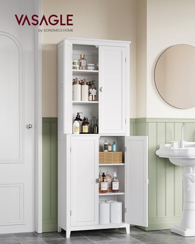 VASAGLE Floor Storage Cabinet, Freestanding Storage Unit with 4 Doors, Adjustable Shelves, 11.8 x 23.6 x 66.9 Inches, for Entryway, Bathroom, Cloud White UBBC550W01 - size: 11.8"D x 23.6"W x 66.9"H, style: 4 Doors