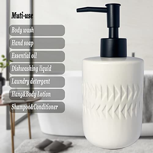 White Soap Dispenser with Matte Black Pump for Bathroom,Cylindrical Lotion Dispenser,12oz Ceramic Relief Hand Dish Soap Dispenser,Refillable Liquid Dispenser for Kitchen (Relief White) - color: Relief White