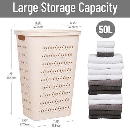 Mind Reader Slim Tapered Laundry Hampers with Lid, Clothes Basket with Swiss Cross Cut-Outs, Lightweight & Ventilated, Plastic, Set of 2, Ivory - color: Ivory