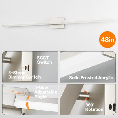 SOLFART Bathroom Vanity Light 48-Inch: Brushed Nickel 5CCT Dimmable Bathroom Light Fixtures, Solid Frosted Acrylic, Built-in Dimmer, CRI88 Soft Light, ETL IP44 - color: Brushed Nickel-5CCT, 5-Step Brightness Control, size: 48 inch