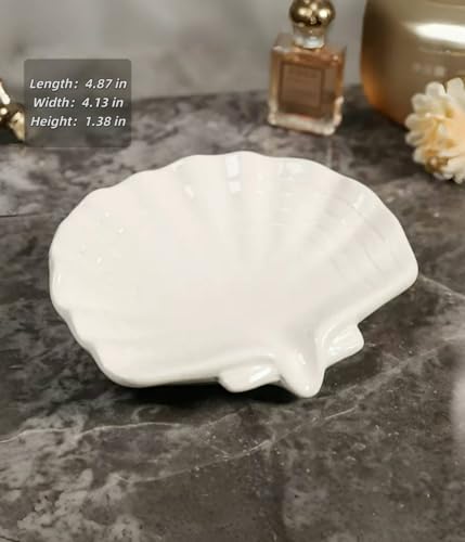 Ceramic Shell soap Box self draining European Design Sink Bathroom Shower soap Tray Anti-Slip soap Holder Multi-Functional Jewelry Stand Small and Cute, White