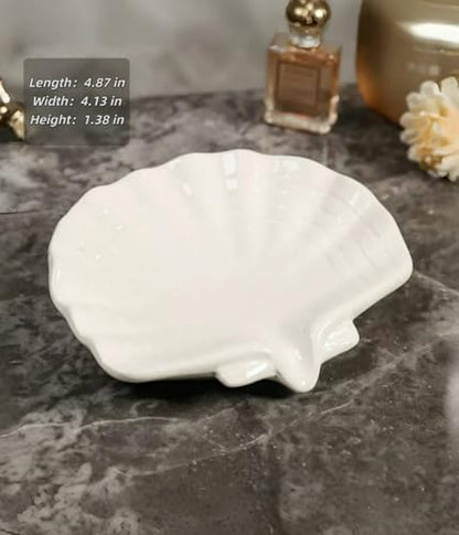 Ceramic Shell soap Box self draining European Design Sink Bathroom Shower soap Tray Anti-Slip soap Holder Multi-Functional Jewelry Stand Small and Cute, White