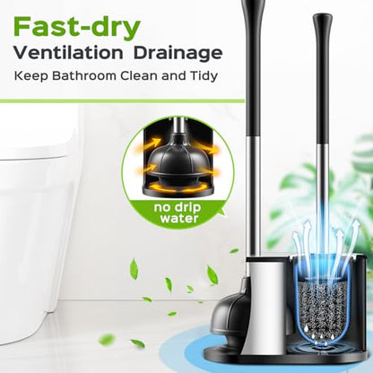 HAMITOR Toilet Plunger and Brush Set: Bathroom Powerful Cleaning Round Bristle Brush - Stainless Steel Heavy Duty Unclogging and Bowl Brush Combo - Compact Home Apartment Restroom Decor Accessories