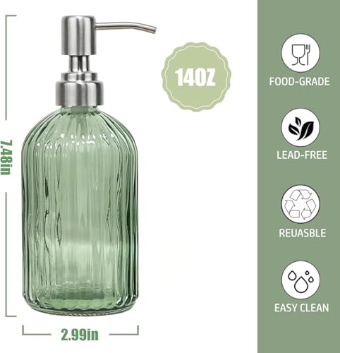 14Oz Green Soap Dispenser Bathroom, 2 Pack, Stainless Steel Pump, Stripe | Clear Glass Hand Soap Dispensers, Refillable Dish Soap Dispenser for Kitchen, Countertop Soap Dispensers - color: Green (2-pack)