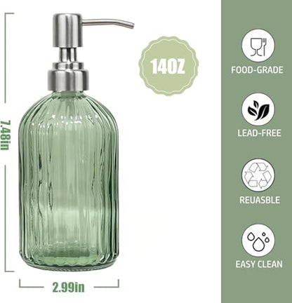 14Oz Green Soap Dispenser Bathroom, 2 Pack, Stainless Steel Pump, Stripe | Clear Glass Hand Soap Dispensers, Refillable Dish Soap Dispenser for Kitchen, Countertop Soap Dispensers - color: Green (2-pack)