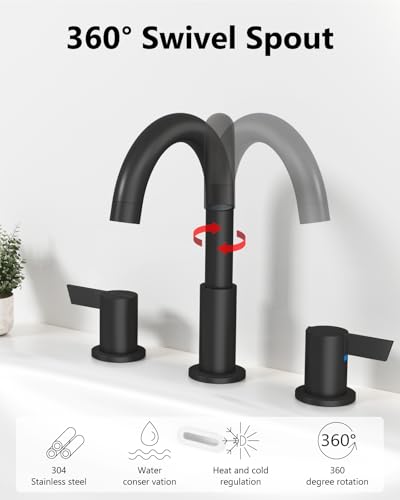 Matte Black Bathroom Faucet 3 Hole, 8 Inch Widespread 2-Handle | SUS304 Stainless Steel, 2-Handle Control, Pop-Up Drain, Supply Lines and Mounting Hardware for 8-Inch Widespread Vanity Sinks - color: Matte Black