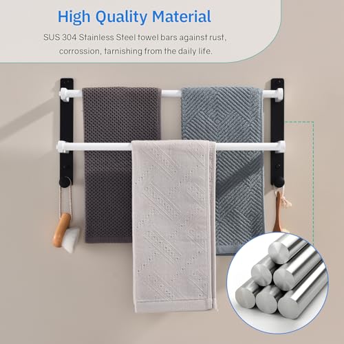 Bathroom Double Towel Rack with Hooks, 18-Inch Towel Bar - Stainless Steel Wall Mounted Towel Holder, White & Black - color: Black & White, size: 18-Inch