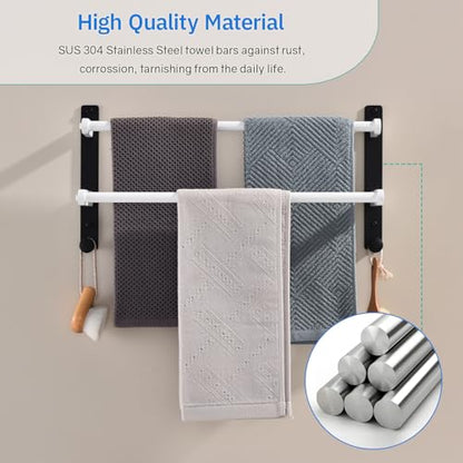 Bathroom Double Towel Rack with Hooks, 18-Inch Towel Bar - Stainless Steel Wall Mounted Towel Holder, White & Black - color: Black & White, size: 18-Inch