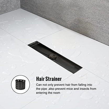 12" Linear Shower Drain Brushed Matte Black with Tile Insert Grate | AISI 304 Stainless Steel Fast Drainage Rectangle Hidden Shower Trench,Detachable Hair Catcher Easy to install,Leveling Feet - color: Matte Black, size: 12 Inch (No Base)