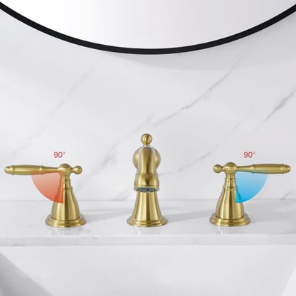RKF Bathroom Faucets for Sink 3 Hole Gold 8 inch Widespread Bathroom Sink Faucet with Drain Double Lever Handle Faucet Bathroom Vanity Faucet Basin Mixer Tap WF013-BG - color: Gold