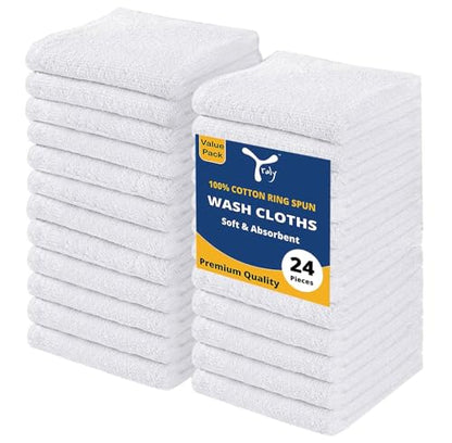 Cotton Washcloths Set - Premium Quality Face Cloths, 100% Cotton Ring Spun, Soft & Absorbent Towels for Body (24 Pack, White)