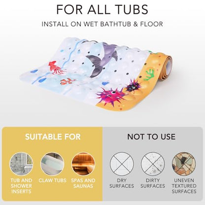 PRATIQUE Kids Bath Mat for Tub Non Slip，40 X 16 Inch Extra Long Kids Bathtub Mat Ocean Bathtub Shower Mat Safety Anti Slip with Suction Cups and Drain Holes, Machine Washable(Shark) - color: Dark Bule