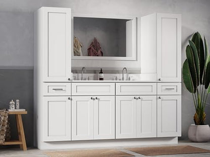 DISAR 78" Double Sink Bathroom Vanity with Dual Linen Storage Towers, Carrara Quartz Top and Ceramic Sinks, Solid Wood Frame, 4 Piece Design, 78" x 22" x 72" (White) - color: White
