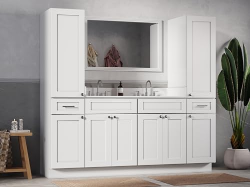 DISAR 78" Double Sink Bathroom Vanity with Dual Linen Storage Towers, Carrara Quartz Top and Ceramic Sinks, Solid Wood Frame, 4 Piece Design, 78" x 22" x 72" (White) - color: White