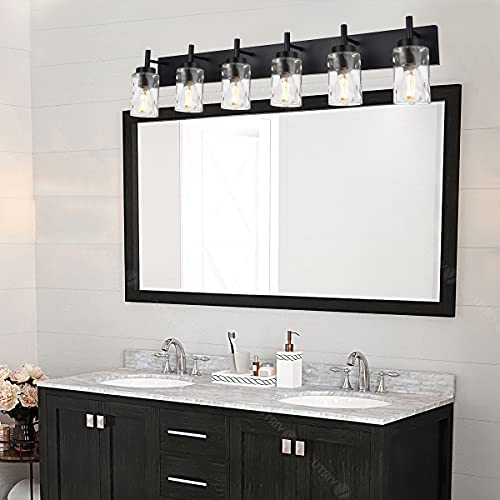 BONLICHT Transitional Bath Vanity Light Fixture 6 Light Black Wall Sconce Bathroom Lighting with Clear Hammered Glass, Industrial Farmhouse Metal Wall Mount Light for Kitchen Living Room Dining Room - color: Black, size: 6 Lights