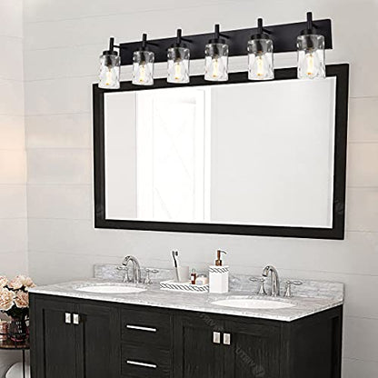 BONLICHT Transitional Bath Vanity Light Fixture 6 Light Black Wall Sconce Bathroom Lighting with Clear Hammered Glass, Industrial Farmhouse Metal Wall Mount Light for Kitchen Living Room Dining Room - color: Black, size: 6 Lights