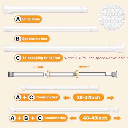 Tension Curtain Rod 28 to 48 Inches, White Tension Rod Adjustable Curtain Rod Non-Slip Shower Curtain Rod No Drill Shower Rod Spring Tension Shower Curtain Rod Bathroom Curtain Rod - color: White, size: 28-48 inch