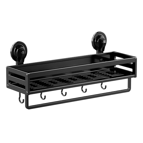 Suction Cup Shower Caddy with 5 Hooks & Towel Rrack 15.7inch Black | No Drilling Shower Organizer with Large Capacity, Rust-resistant Bathroom Organizer, Heavy Duty Shower shelves for Bathroom - size: 15.7 inches(US)