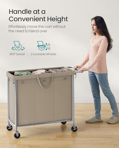 SONGMICS Laundry Basket with Wheels, 3-Section, 52.7 Gallons (199.5 L) | Rolling Laundry Hamper, Removable Liner, Steel Frame with Handle, 35.8 x 15.4 x 31.9 Inches, STEVIE Collection URLS005N01 - color: Camel Brown, size: 200 L (3-Section)