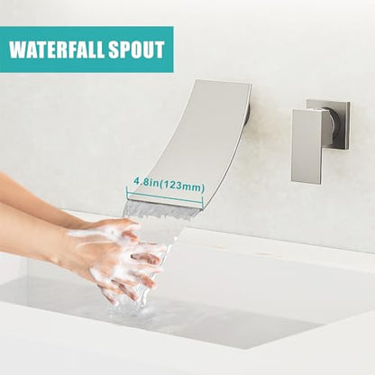 SKOWLL Wall Mount Bathroom Faucet, Brushed Nickel Bathtub Waterfall Sink Faucets, Single Handle Bathroom Lavatory Faucet - color: Brushed Nickel