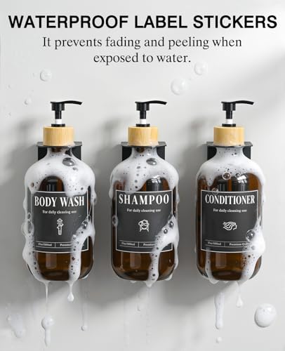 Luxspire 17oz Shampoo and Conditioner Dispenser 3 Sets for Bathroom, Amber | Matte PET bottle, no-drill stainless bracket, detachable pump, dual wall/counter install with classification stickers - color: Amber Brown