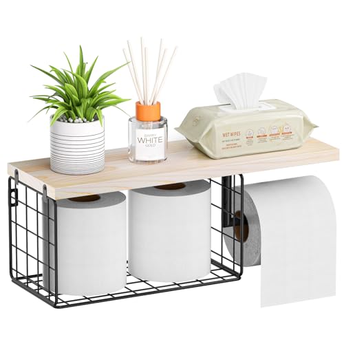 VITVITI Toilet Paper Holder with Shelf Wall Mounted Storage Basket, Natural | Farmhouse Wall Mount Toilet Paper Holder Shelves, Wood Metal Toilet Roll Wipes Holder for Bathroom - color: Natural