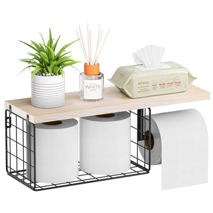 VITVITI Toilet Paper Holder with Shelf Wall Mounted Storage Basket, Natural | Farmhouse Wall Mount Toilet Paper Holder Shelves, Wood Metal Toilet Roll Wipes Holder for Bathroom - color: Natural