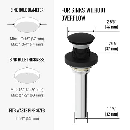 Vigo Bathroom Sink Pop Up Drain Without Overflow, Matte Black Drain Stopper with ClogFree QuickDrain Technology & Matching Mounting Ring - color: Matte Black
