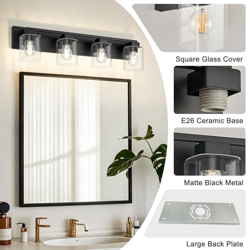 4-Light Matte Black Bathroom Light Fixtures, with Clear Glass Shade | 29.5 Inch Bathroom Lighting Fixtures Over Mirror, Modern Wall Light, bathroom vanity light E26 Socket, ETL - color: Black, size: 4-Light