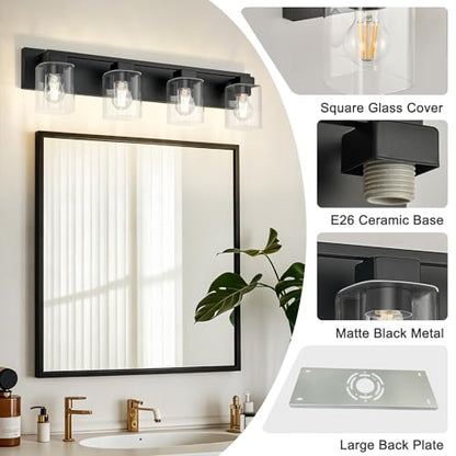 4-Light Matte Black Bathroom Light Fixtures, with Clear Glass Shade | 29.5 Inch Bathroom Lighting Fixtures Over Mirror, Modern Wall Light, bathroom vanity light E26 Socket, ETL - color: Black, size: 4-Light