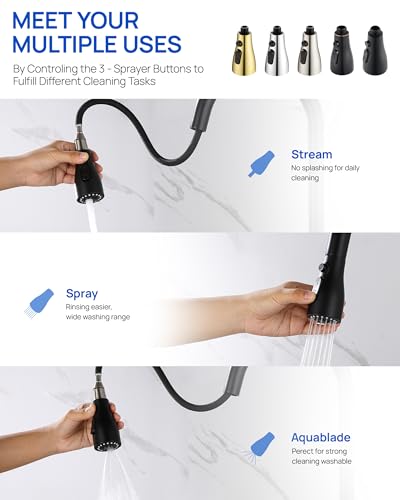 J-HVA Pull Down Kitchen Faucet Sprayer Head Replacement Part, Matte Black | with 15 Connectors, 3 Function Pull Out Sink Sprayer Replacement Nozzle, Kitchen Faucet Head Hose Spray Tap Spout - color: Matte Black