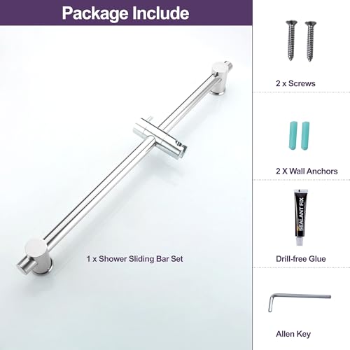 24 Inch Shower Slide Bar with Adjustable Shower Holder Wall Mount Sliding Bar Stainless Steel Wall Mounted Shower Slide Bar with Adjustable Shower Head Holder, Chrome