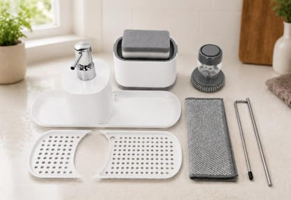 4-Piece Kitchen Sink Caddy with Soap Dispenser – Sponge Holder & Scrubber Brush, Removable Drain Tray, Dishcloth Bar, All-in-One Countertop Organizer for Kitchen & Bathroom – White