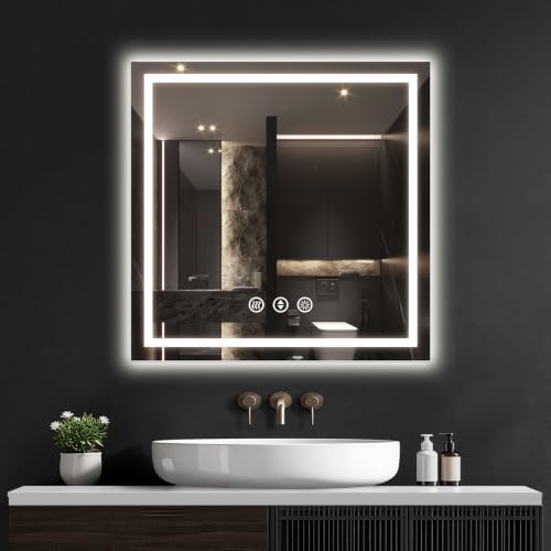 30x30 LED Bathroom Mirror with Anti-Fog, Backlit & Front Lit, Memory | Stepless Dimmable 3 Color CRI 95+ Shatterproof Tempered Glass ETL Listed for Safety Lighted Bathroom Vanity Mirror for Wall - size: 30"L x 30"W