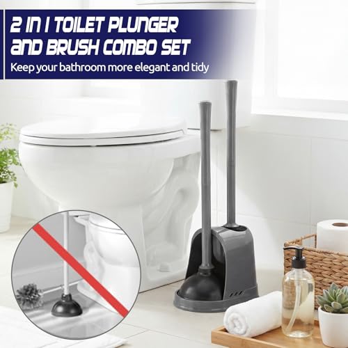 Reallnaive 4 Set Toilet Plunger and Brush Set with Ventilated Holder 2 in 1 Toilet Bowl Brush and Heavy Duty Plunger Combo Bathroom Cleaning Kit for Home and Commercial Bathrooms Drainage (Gray) - color: Gray