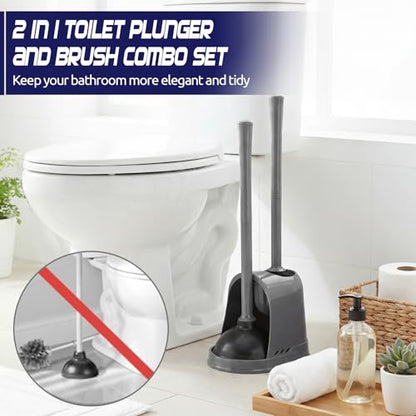 Reallnaive 4 Set Toilet Plunger and Brush Set with Ventilated Holder 2 in 1 Toilet Bowl Brush and Heavy Duty Plunger Combo Bathroom Cleaning Kit for Home and Commercial Bathrooms Drainage (Gray) - color: Gray