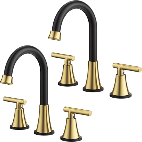Bathroom Faucet 3 Hole, Black& Gold Faucets with Drain and Supply Lines | Hurran Stainless Steel Lead-Free Widespread Bathroom Sink Faucet for Vanity RV Restroom Laundry Outdoor Camper, 2 Pack - color: Black& Gold, size: 8 inch, 2 Pack