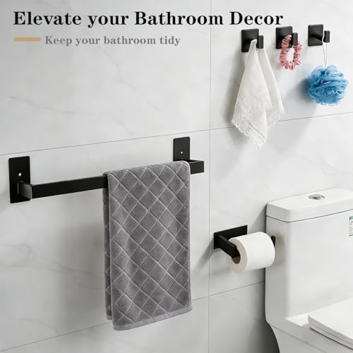 5 Pieces Self Adhesive Bathroom Hardware Set-SUS304 Stainless Steel-Towel Rack Set Include 16″Towel Bar+Toilet Paper Holder+3 Towel/Robe Hooks Bathroom Accessory (Matte Black, 16 in) - size: 16 IN