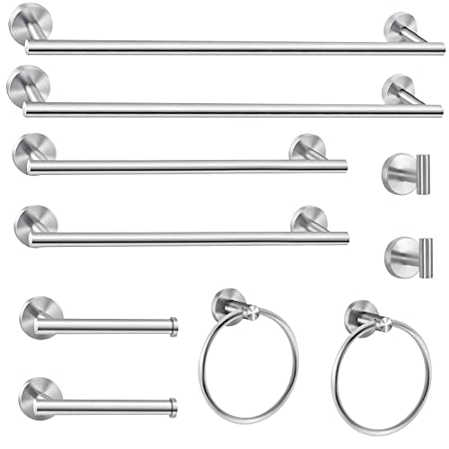 Cilee 10 Piece Brushed Nickel Bathroom Hardware Set, 24" 16" Towel Bar Set | 24 & 16 inch Towel bar, Toilet Paper Holder, Towel Ring, Towel Hook, Bathroom Accessories Set Stainless Steel Wall Mounted - color: 1 Brushed Nickel, size: 24inch