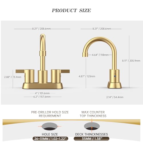 Phiestina Brushed Gold 4 Inch 2 Handle Centerset Lead-Free Bathroom Faucet 2 Pack, Swivel Spout with Copper Pop Up Drain and 2 Water Supply Lines,BF15-1-BG-2PACK - color: Brushed Gold-2pack