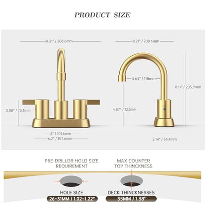 Phiestina Brushed Gold 4 Inch 2 Handle Centerset Lead-Free Bathroom Faucet 2 Pack, Swivel Spout with Copper Pop Up Drain and 2 Water Supply Lines,BF15-1-BG-2PACK - color: Brushed Gold-2pack