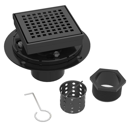 4 Inch Matte Black Square Shower Drain with Removable Grate | AISI 304 Stainless Steel Shower Drain, Floor Drain with Hair Catcher & ABS Flange, Fits Bathroom & Balcony etc - color: Matte Black, size: 4 in