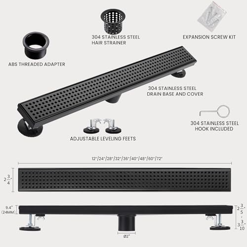 Linear Shower Drain, 36 inch Matte Black | Including Hair Catcher and Removable Grate, 304 Stainless Steel, Easy to Install and Clean (Drain Base Not Included) - color: Matte Black, size: 36 inch