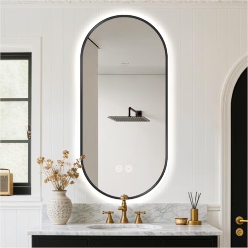 24" x 36" Black Oval LED Bathroom Mirror with Lights, Backlit Mirror | Anti-Fog, 2700K/4000K/6500K, Stepless Dimmable, Wall Mounted Vanity Mirror with Black Aluminum Frame, CRI≥93 - color: Black + Backlit (Low-iron, Copper-free Mirror), size: 36"L x 24"W