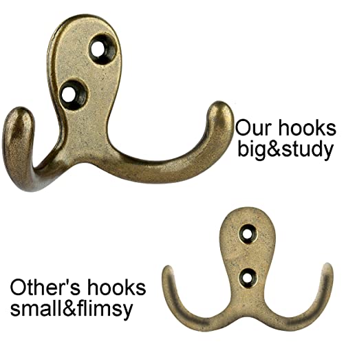 IBosins 10 Pack Antique Brass Double Prong Coat Hooks for Coat, Scarf, Bag | Heavy Duty Retro Double Hooks Utility Hooks for Coat, Scarf, Towel, Key, Cap, Cup, Hat - color: 10 Pcs Antique Brass