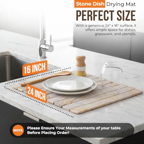 Large Stone Dish Drying Mat for Kitchen Counter 24"(L)×16"(W) – in Super Absorbent Diatomaceous Earth Drying Stone, Quick-Dry & Collapsible for Dishes, Bottles & Cups (White & Gold) - color: White & Gold